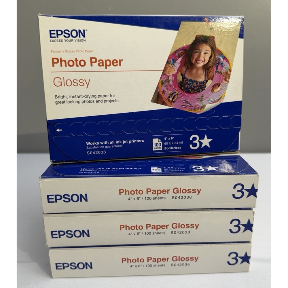 Lot of 4 Epson Glossy Photo Paper 4x6 100 Sheets Pack S042038 Total 400 Sheets